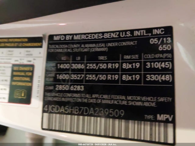 Продаж на аукціоні авто 2013 Mercedes-benz Ml 350 4matic, vin: 4JGDA5HB7DA239509, номер лоту: 44758729