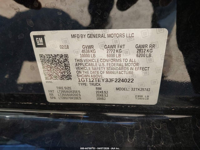 44758733 :رقم المزاد ، 1GT12TEY3JF224022 vin ، 2018 Gmc Sierra 2500hd Slt مزاد بيع