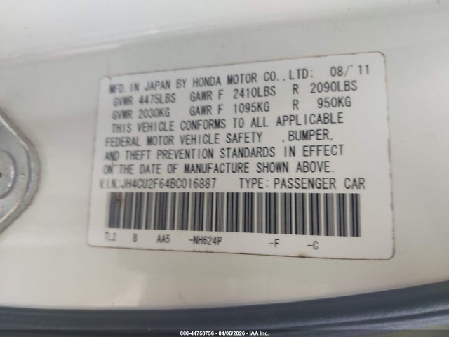 44758756 :رقم المزاد ، JH4CU2F64BC016887 vin ، 2011 Acura Tsx 2.4 مزاد بيع