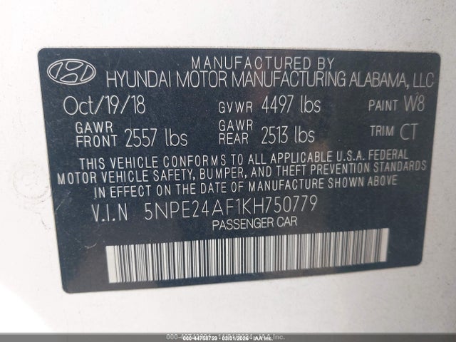 Продажа на аукционе авто 2019 Hyundai Sonata Se, vin: 5NPE24AF1KH750779, номер лота: 44758759