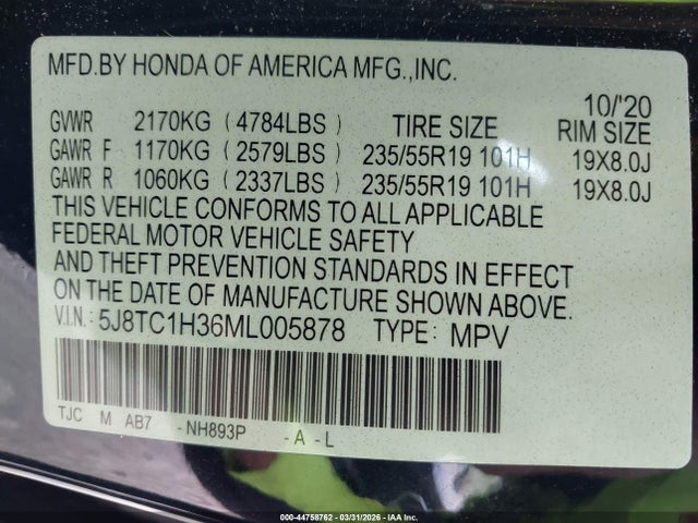 44758762 :رقم المزاد ، 5J8TC1H36ML005878 vin ، 2021 Acura Rdx Standard مزاد بيع