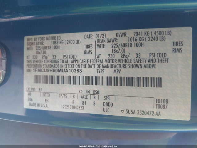 Продаж на аукціоні авто 2021 Ford Escape Sel, vin: 1FMCU9H60MUA10388, номер лоту: 44758763