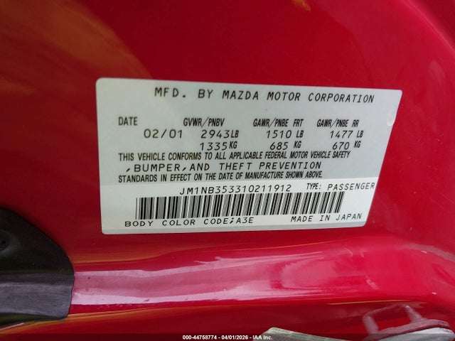 Aukcja sprzedaży 2001 Mazda Mx-5 Miata Ls/special Edition, vin: JM1NB353310211912, numer aukcji: 44758774