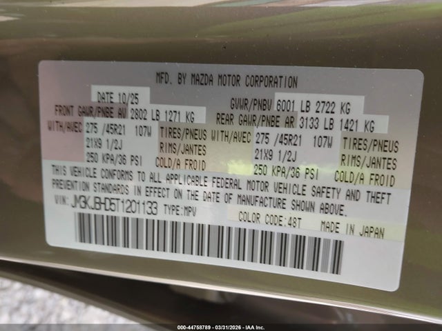 Продаж на аукціоні авто 2026 Mazda Cx-70 3.3 Turbo Preferred, vin: JM3KJBHD5T1201133, номер лоту: 44758789