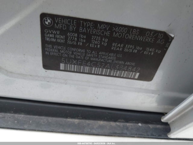 44758793 :رقم المزاد ، 5UXFE4C52AL384842 vin ، 2010 Bmw X5 Xdrive30i مزاد بيع