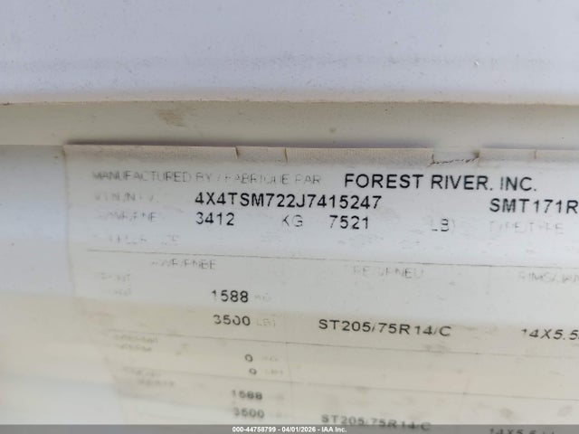 44758799 :رقم المزاد ، 4X4TSM722J7415247 vin ، 2018 Forest River Cruise Lite مزاد بيع
