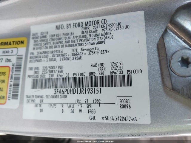 2018 Ford Fusion Se მანქანა იყიდება აუქციონზე, vin: 3FA6P0HD1JR193151, აუქციონის ნომერი: 44758806