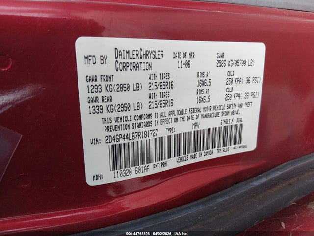 44758808 :رقم المزاد ، 2D4GP44L67R181727 vin ، 2007 Dodge Grand Caravan Sxt مزاد بيع