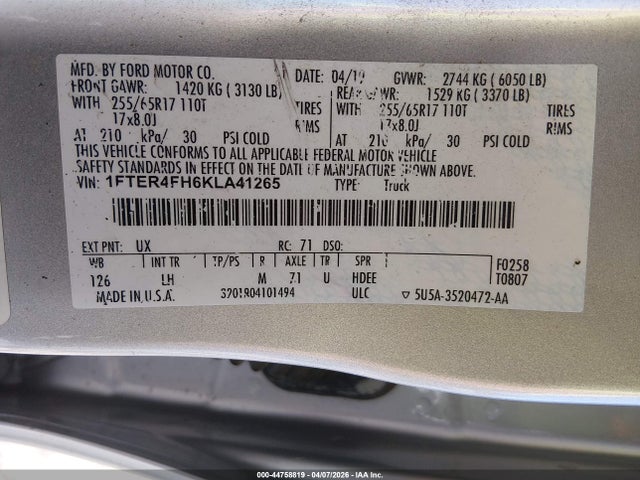 44758819 :رقم المزاد ، 1FTER4FH6KLA41265 vin ، 2019 Ford Ranger Xlt مزاد بيع