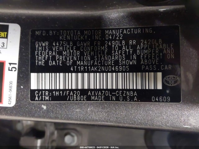 Aukcja sprzedaży 2022 Toyota Camry Le, vin: 4T1R11AK2NU046905, numer aukcji: 44758823