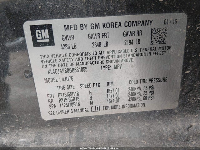 Aukcja sprzedaży 2016 Buick Encore, vin: KL4CJASB8GB681855, numer aukcji: 44758824