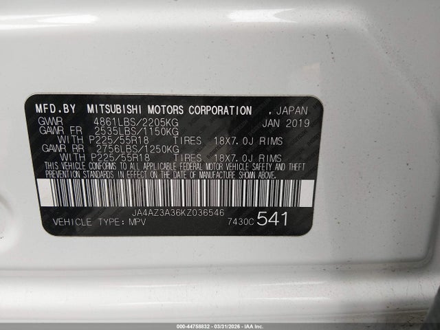 Продаж на аукціоні авто 2019 Mitsubishi Outlander Sel, vin: JA4AZ3A36KZ036546, номер лоту: 44758832
