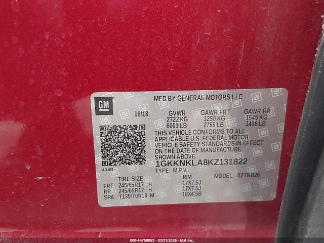 44758853 :رقم المزاد ، 1GKKNKLA8KZ131822 vin ، 2019 Gmc Acadia Sle-1 مزاد بيع