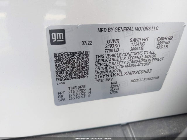 Продаж на аукціоні авто 2022 Cadillac Escalade Esv 4wd Premium Luxury, vin: 1GYS4KKLXNR360583, номер лоту: 44758854