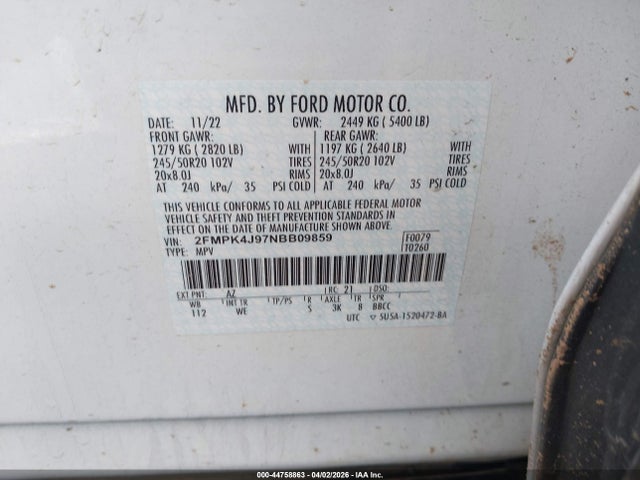 44758863 :رقم المزاد ، 2FMPK4J97NBB09859 vin ، 2022 Ford Edge St-line مزاد بيع
