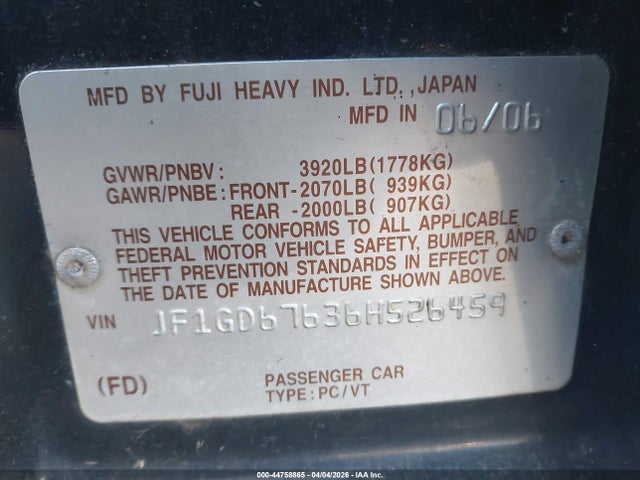 2006 SUBARU IMPREZA JF1GD67636H526459 Photo 8