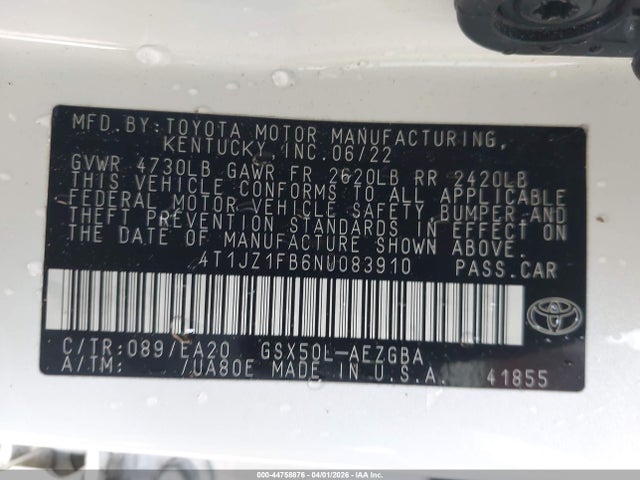 44758876 :رقم المزاد ، 4T1JZ1FB6NU083910 vin ، 2022 Toyota Avalon Xle مزاد بيع