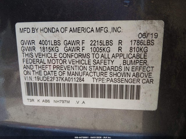 44758881 :رقم المزاد ، 19UDE2F37KA011284 vin ، 2019 Acura Ilx Standard مزاد بيع