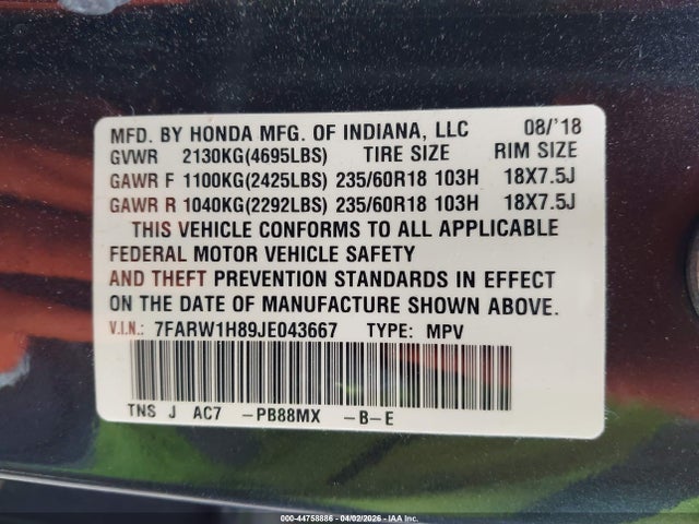 7FARW1H89JE043667 Honda Cr-v Ex-l/ex-l Navi