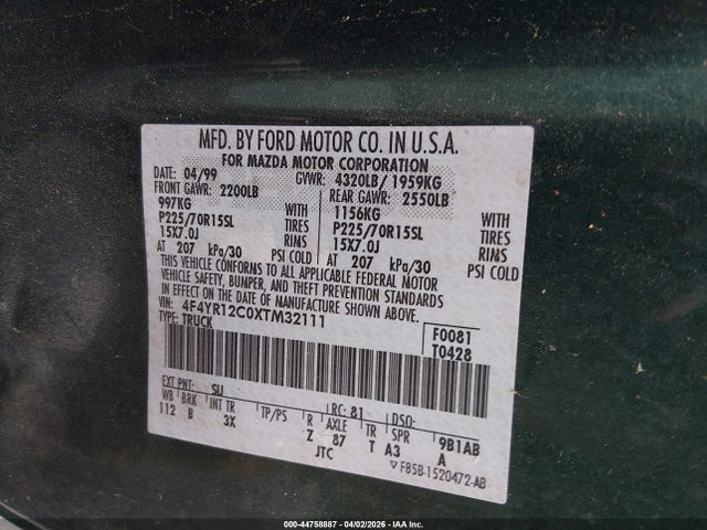 Aukcja sprzedaży 1999 Mazda B2500 Se/sx/tl, vin: 4F4YR12C0XTM32111, numer aukcji: 44758887
