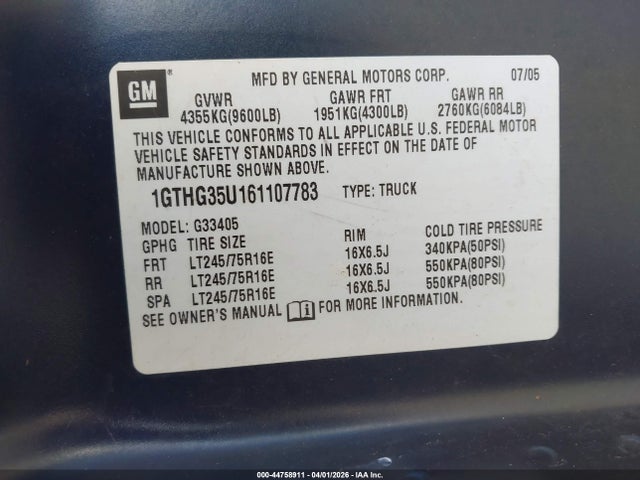 44758911 :رقم المزاد ، 1GTHG35U161107783 vin ، 2006 Gmc Savana Work Van مزاد بيع