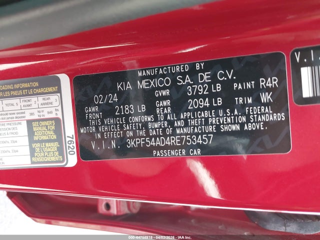 2024 Kia Forte Gt-line მანქანა იყიდება აუქციონზე, vin: 3KPF54AD4RE753457, აუქციონის ნომერი: 44758918