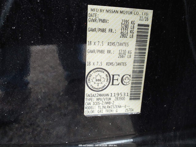 Продаж на аукціоні авто 2017 Nissan Murano Platinum/s/sl/sv, vin: 5N1AZ2MHXHN119531, номер лоту: 44758952