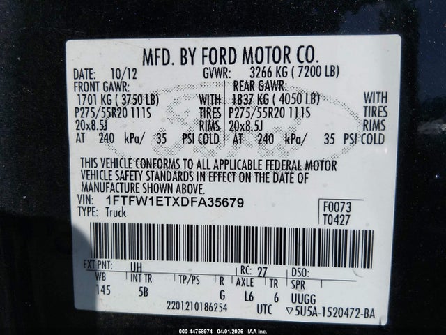 Продажа на аукционе авто 2013 Ford F-150 Fx4, vin: 1FTFW1ETXDFA35679, номер лота: 44758974