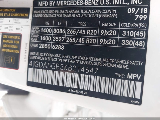 4JGDA5GB3KB214647 Mercedes-Benz Gle 400 4matic
