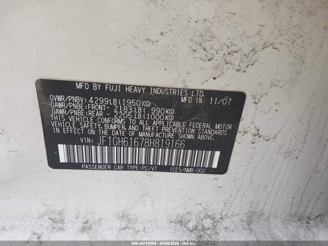 Aukcja sprzedaży 2008 Subaru Impreza 2.5i, vin: JF1GH61678H819166, numer aukcji: 44758989