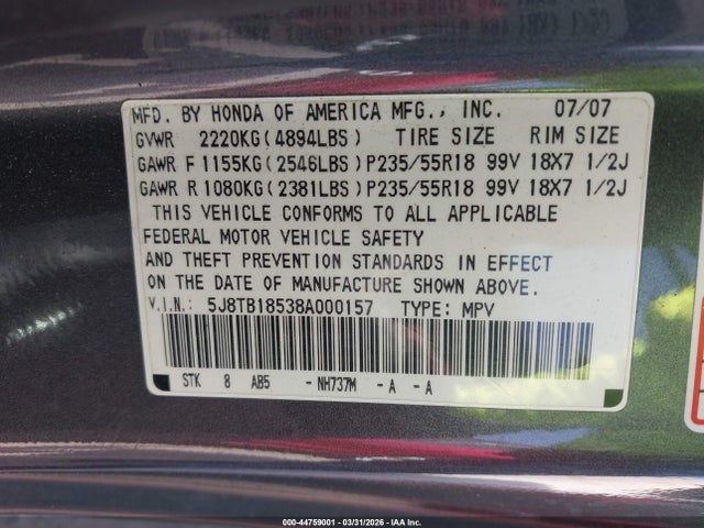 Продаж на аукціоні авто 2008 Acura Rdx, vin: 5J8TB18538A000157, номер лоту: 44759001