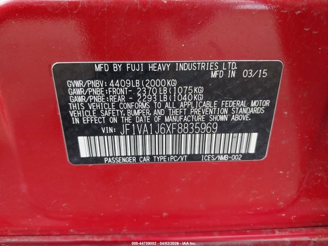 Aukcja sprzedaży 2015 Subaru Wrx Limited, vin: JF1VA1J6XF8835969, numer aukcji: 44759002