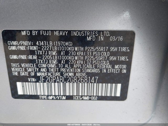 2016 Subaru Crosstrek 2.0i Premium მანქანა იყიდება აუქციონზე, vin: JF2GPABC2G8268147, აუქციონის ნომერი: 44759008