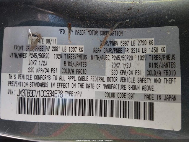 2012 Mazda Cx-9 Grand Touring მანქანა იყიდება აუქციონზე, vin: JM3TB3DV1C0334578, აუქციონის ნომერი: 44759023