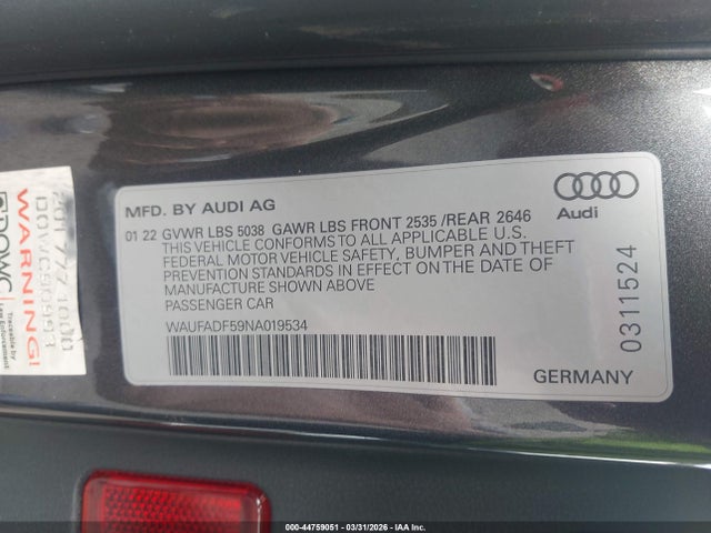Продажа на аукционе авто 2022 Audi A5 Sportback Premium Plus 45 Tfsi S Line Quattro S Tronic, vin: WAUFADF59NA019534, номер лота: 44759051