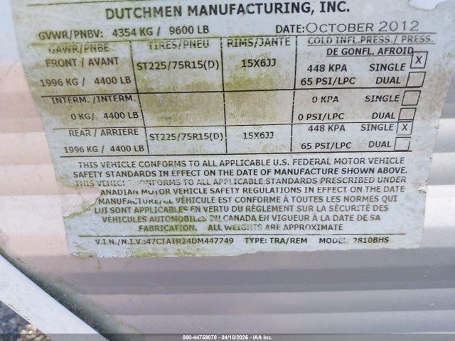 Продажа на аукционе авто 2013 Dutchmen Other, vin: 47CTATR24DM447749, номер лота: 44759078