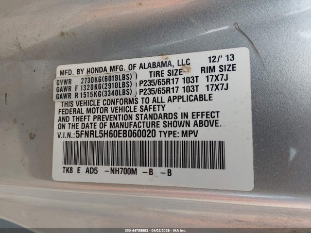 5FNRL5H60EB060020 Honda Odyssey Ex-l