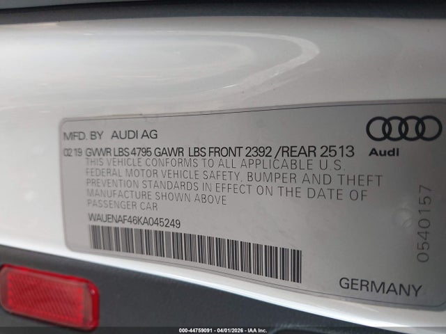 44759091 :رقم المزاد ، WAUENAF46KA045249 vin ، 2019 Audi A4 45 Premium مزاد بيع