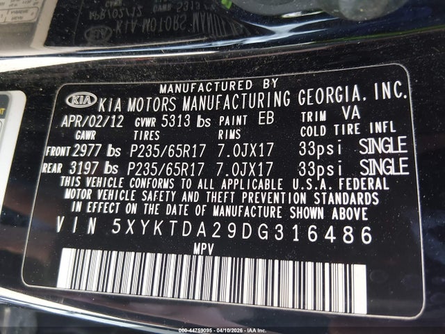 2013 Kia Sorento Lx V6 მანქანა იყიდება აუქციონზე, vin: 5XYKTDA29DG316486, აუქციონის ნომერი: 44759095