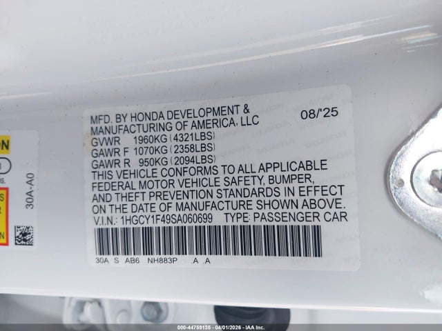 Продажа на аукционе авто 2025 Honda Accord Se, vin: 1HGCY1F49SA060699, номер лота: 44759135