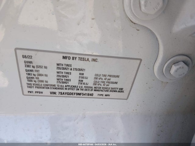 Aukcja sprzedaży 2022 Tesla Model Y Performance Dual Motor All-wheel Drive, vin: 7SAYGDEF9NF541840, numer aukcji: 44759144