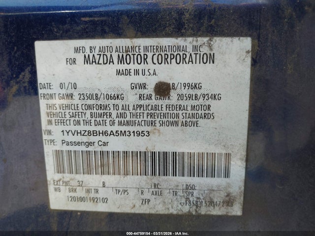 44759154 :رقم المزاد ، 1YVHZ8BH6A5M31953 vin ، 2010 Mazda Mazda6 I Sport مزاد بيع