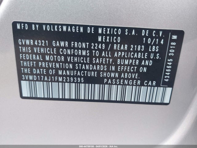 Aukcja sprzedaży 2015 Volkswagen Jetta 1.8t Se, vin: 3VWD17AJ1FM239395, numer aukcji: 44759158
