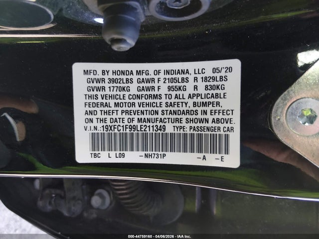 Aukcja sprzedaży 2020 Honda Civic Touring, vin: 19XFC1F99LE211349, numer aukcji: 44759160