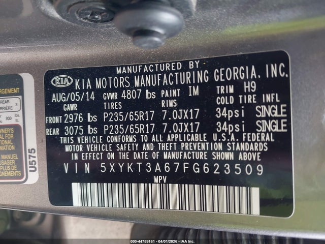 Продаж на аукціоні авто 2015 Kia Sorento Lx, vin: 5XYKT3A67FG623509, номер лоту: 44759161