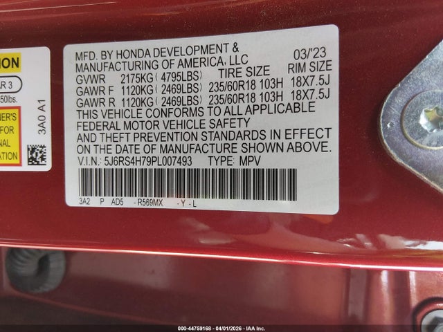 5J6RS4H79PL007493 Honda Cr-v Ex-l Awd