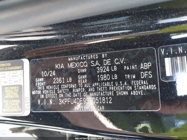 2025 Kia K4 Ex მანქანა იყიდება აუქციონზე, vin: 3KPFU4DE9SE051812, აუქციონის ნომერი: 44759175