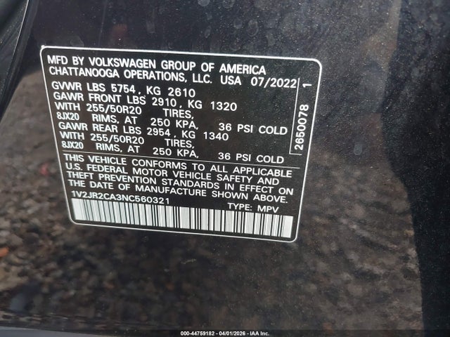 Aukcja sprzedaży 2022 Volkswagen Atlas 3.6l V6 Se W/technology, vin: 1V2JR2CA3NC560321, numer aukcji: 44759182