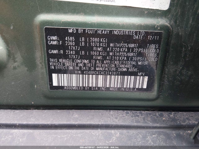 2012 Subaru Outback 2.5i Limited მანქანა იყიდება აუქციონზე, vin: 4S4BRCKCXC3243871, აუქციონის ნომერი: 44759187