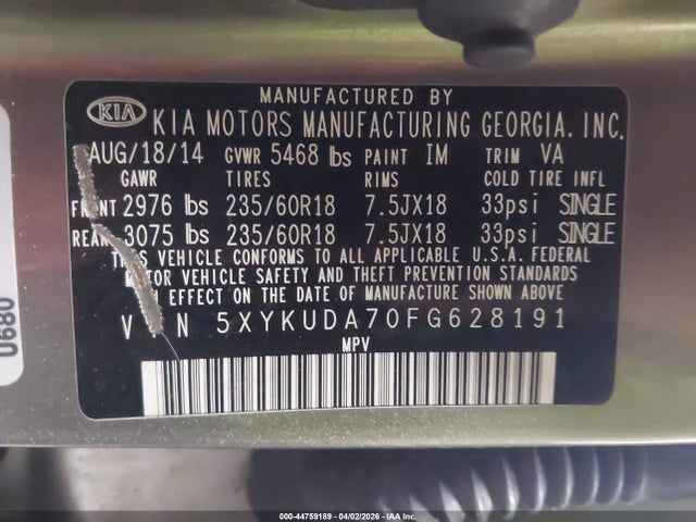 5XYKUDA70FG628191 KIA Sorento Ex V6